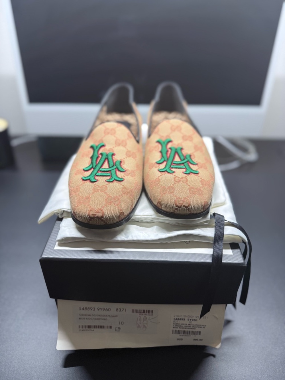 Gucci Beige Monogram Loafers with Green LA Emblem - Never Worn